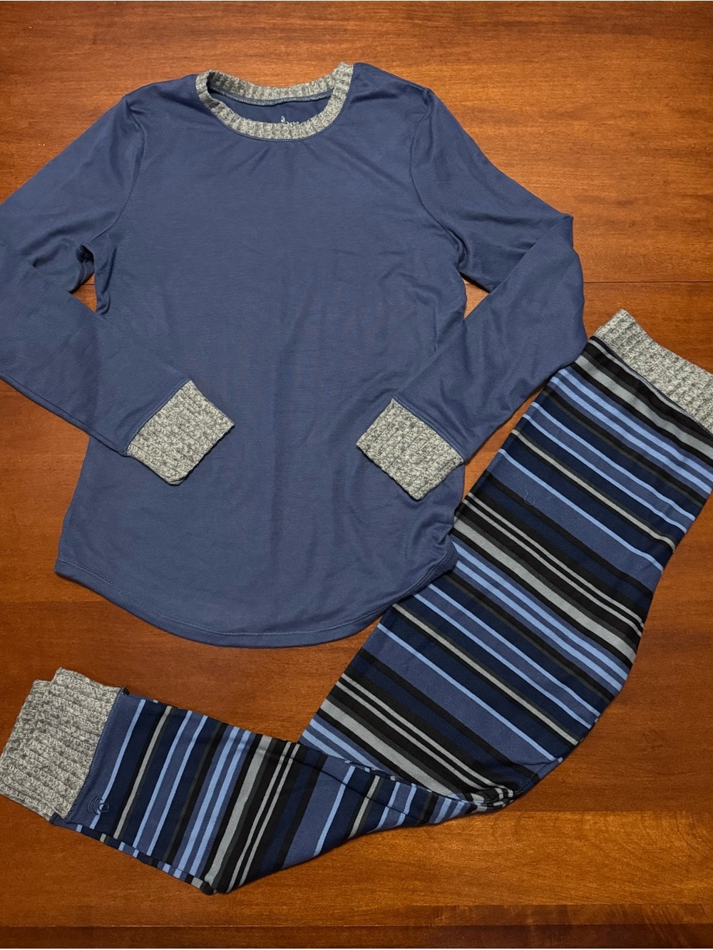 Cuddl Duds Navy Blue Top with Gray Trim & Blue Striped Pants Pajama Set